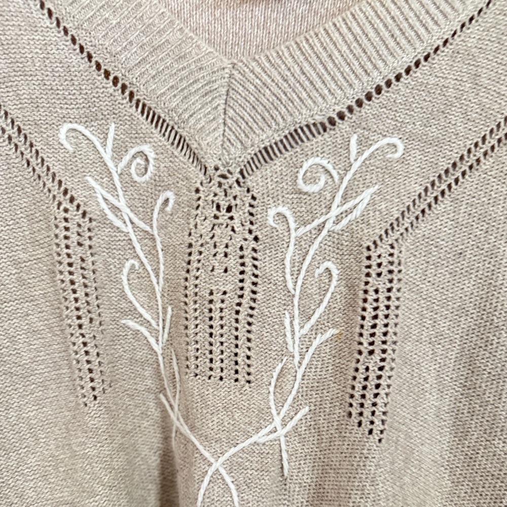 Vintage Kenar Crochet Poncho Sweater | 90s Boho Cotton Knit V-Neck - Picture 4 of 7